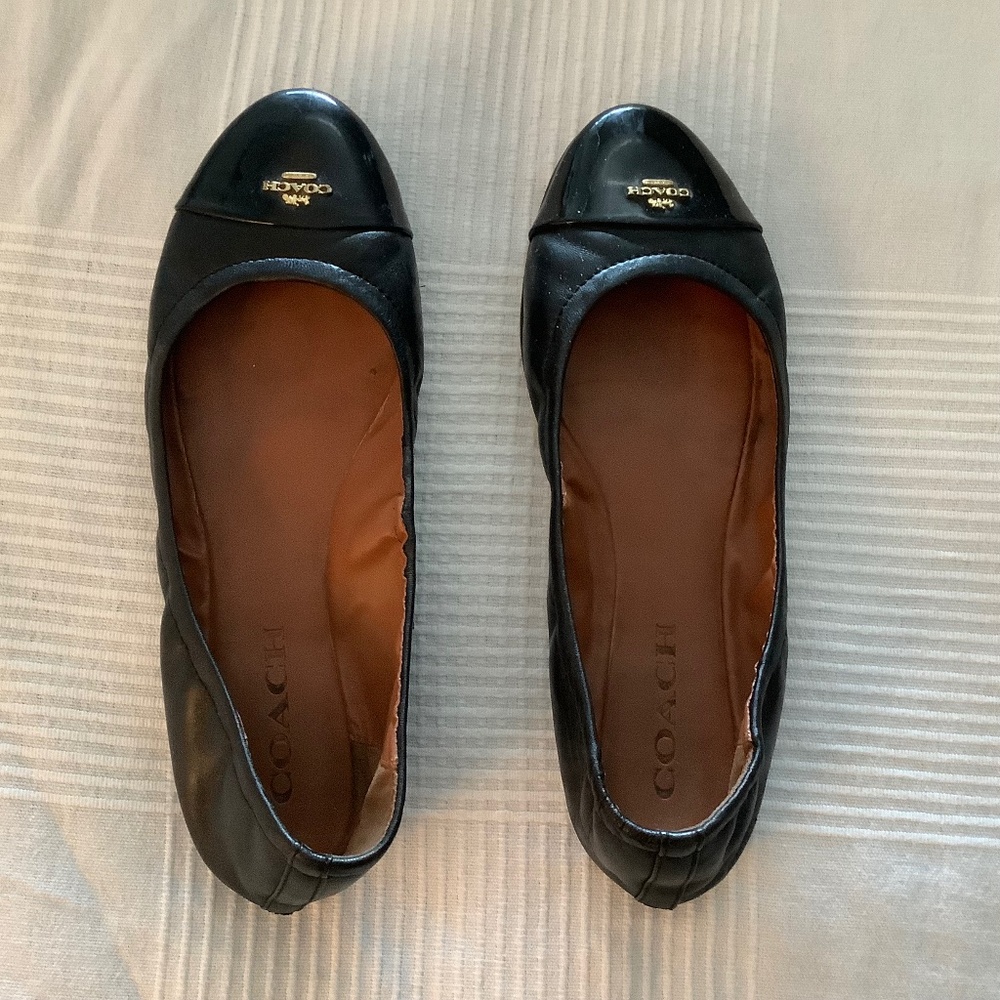 COACH Ballerina Black Leather and Patent Leather Flat with Gold Tone Logo
